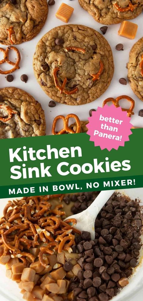 Chewy Kitchen Sink Cookies (Panera Copycat) Panera Kitchen Sink Cookie Recipe, Kitchen Sink Cookies Panera, Kitchen Sink Cookie Recipe, Kitchen Sink Cookies Recipe, Kraft Caramel Bits, Panera Copycat, Sink Cookies, Village Bakery, Kitchen Sink Cookies