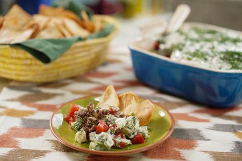 Gyro Dip, Greek Layer Dip, Gyro Salad, Greek Dip, The Kitchen Food Network, Sunny Anderson, Creamy Hummus, Favorite Salad, Ground Lamb