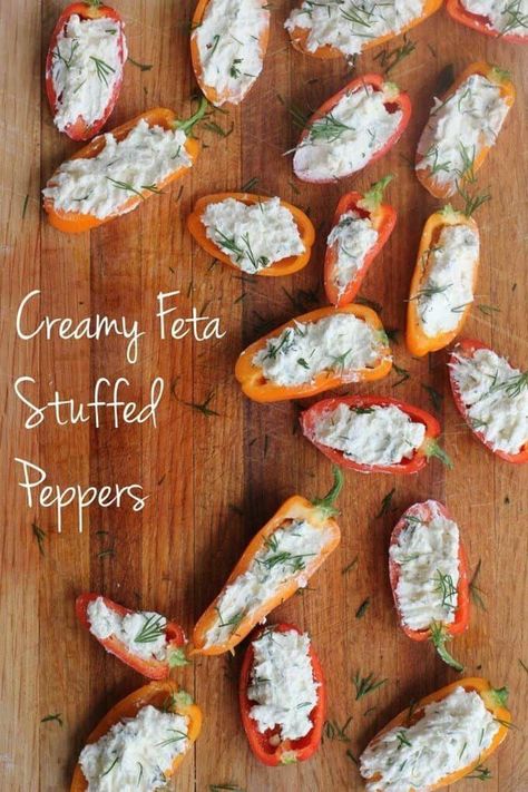 Creamy Feta Stuffed Peppers Feta Stuffed Peppers, Creamy Feta, Quick And Easy Appetizers, Low Carb Appetizers, Quick Appetizers, Vegetarian Keto, Vegetarian Appetizers, Keto Diet Menu, Protein Snacks