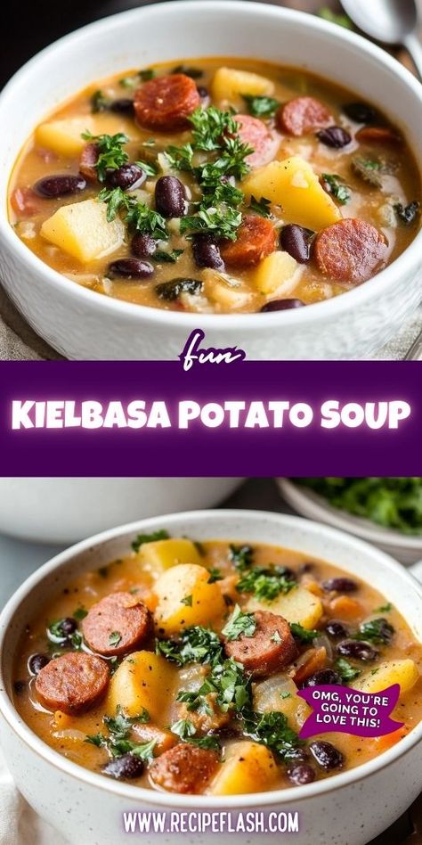 Craving a warm and hearty soup that warms the soul? This Kielbasa Potato Soup Recipe is the perfect comfort food for chilly evenings! Learn how to whip up this delicious dish and savor every spoonful. Save it for later so you can enjoy this tasty soup anytime! Kielbasa Potato Soup, Polish Soup, Kielbasa Soup, Sausage Potato Soup, Sausage Potatoes, Hearty Soup, Potato Soup Recipe, Kielbasa, Hearty Soups