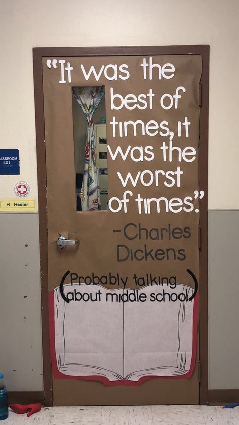 Middle school English classroom door. Charles Dickens theme. Quotes For English Classroom, English Teacher Door Ideas, English Classroom Door Ideas, Dr Who Classroom Decor, Middle School Door Ideas, English Door Decoration, Classroom Door Middle School, Ela Door Decorations Middle School, Literature Themed Classroom Decor