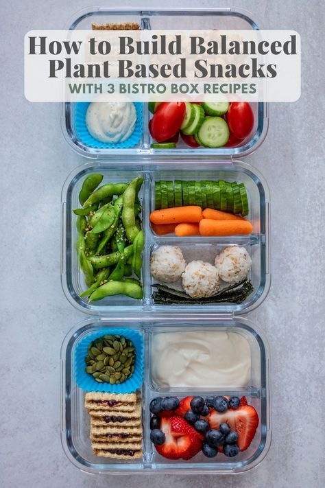 This guide will help you become a snacking expert. Learn how to build more balanced plant based snacks and get 3 new DIY bistro box ideas to try yourself. Plant Based Kids Lunch Box Ideas, Bistro Box Ideas, Vegan Snack Box, Bistro Box, Vegan Winter Recipes, Nourish Bowl, Plant Based Snacks, Plant Based Diet Recipes, Wfpb Recipes