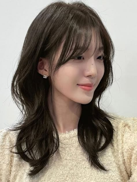 Medium Korean Haircut, Korean Fringe Bangs, Medium Hair With Bangs And Layers, Korean Layered Haircut, Korean Fringe, Medium Length Hair Korean, Cortes Aesthetic, 2024 Haircut, Shoulder Length Hair With Bangs