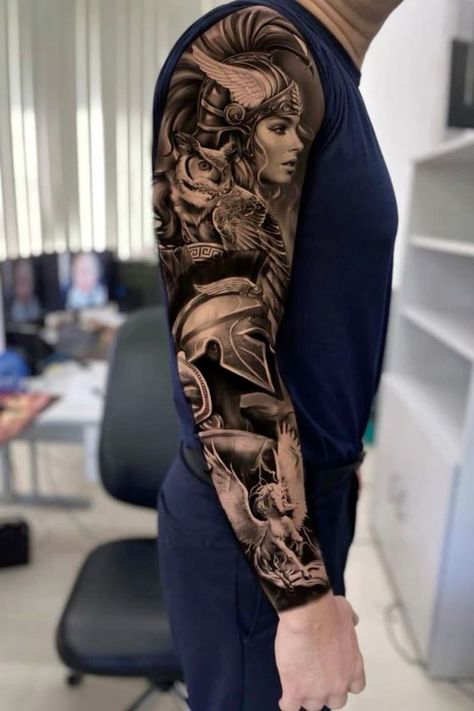 Amazonian Women Tattoo, Ares Sleeve Tattoo, Greek Theme Sleeve Tattoo, Gladiator Sleeve Tattoo, Spartan Sleeve Tattoo, Roman Gladiator Tattoo Design, Roman Style Tattoo, Greek Themed Tattoos, Athena Tattoo Design Greek Mythology