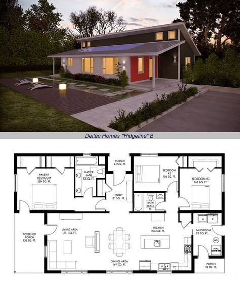 Deltec Homes, Renew Collection, "Ridgeline" (B) 1604sf ~ Passive solar layout, vaulted ceilings & high clerestory windows. Uses 2/3 less energy than typical home, can achieve net-zero energy. Shell price according to South or North energy modeling: Pre-painted Allura fiber cement siding, window & door package, floor system, advanced wall system & energy modeling for your climate. *See completed Ridgeline: http://www.deltechomes.com/an-update-on-the-first-renew-collection-home/ Case A Un Piano, Deltec Homes, Passive Solar House Plans, Solar House Plans, Passive Solar Homes, Pelan Rumah, Bungalow Homes, Clerestory Windows, Passive Solar