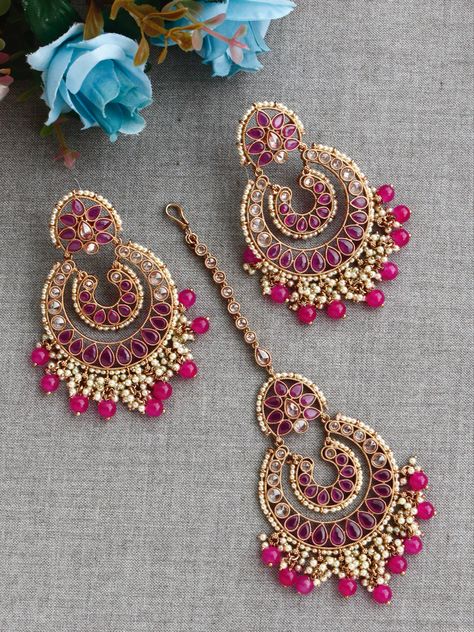 Wedding Bollywood, Polki Sets, Maang Tikka, Punjabi Wedding, Magenta Pink, Jhumka Earrings, Earrings Collection, Indian Jewellery, Festival