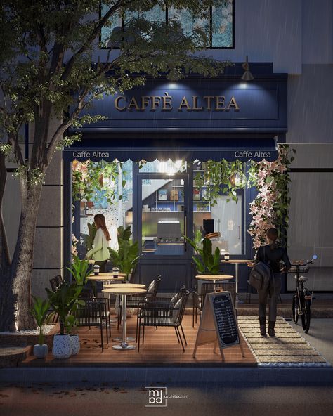 Caffè ALTEA on Behance Mediterranean Coffee Shop, Mediterranean Coffee, Entrance Facade, Small Shop Design, Cafe Design Inspiration, Coffee Shop Concept, European Cafe, Blue Cafe, Outdoor Restaurant Design