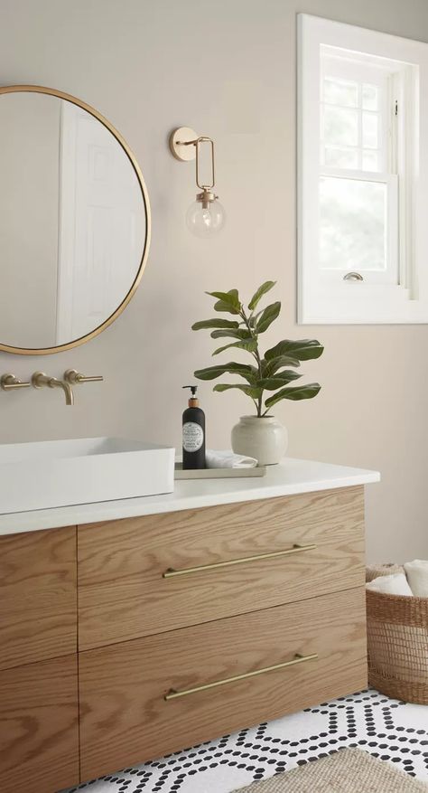 10 Neutral Bathroom Paint Colors That Aren't Just White Two Colored Bathroom Walls, Pale Bathroom Ideas, Bathroom Light Paint Colors, Bathroom Paint Colors White Vanity, Neutral Bathrooms Ideas, Greige Paint Colors Bathroom, Peaceful Bathroom Colors, Neutral Color Palette Bathroom, Spa Like Bathroom Paint Colors