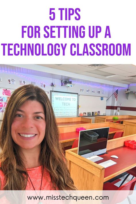 Setting up a Technology Classroom is much different than setting up a traditional classroom. In this blog I talk about 5 tips that have efficiently helped me set up my computer lab throughout the years. This type of classroom setting makes a great learning environment for elementary students! With helpful tips like classroom decor, space planning & classroom organization this will blog will help you set up the perfect technology classroom for your students! #STEM #ComputerLab #TechnologyTeac Computer Lab Ideas Classroom, Computer Science Teacher Elementary, Computer Lab Classroom Decor, Computer Classroom Ideas, Computer Lab Setup, Media Classroom Ideas, Computer Lab Teacher Ideas, Technology Classroom Design, Middle School Technology Classroom