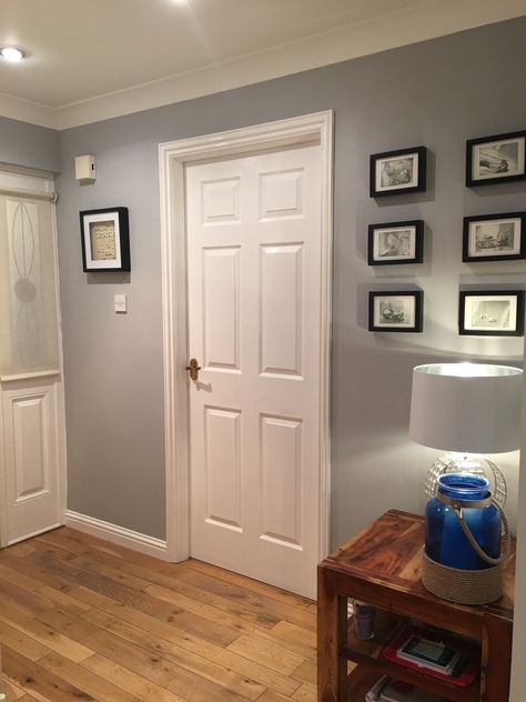 Dulux Chic Shadow is absolutely beautiful. I spent awhile trying to decide on a perfect grey for my hall and this certainly is perfect. Dulux Chic Shadow, Hallway Paint Colors, Chic Shadow, Hallway Paint, Top Bathroom Design, Hallway Colours, Trim Ideas, Hallway Inspiration, Kitchen Wall Colors