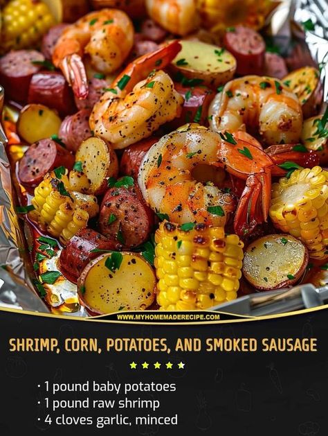 Valerie Bertinelli Recipes | shrimp, corn, potatoes, and smoked sausage with flavorful seasonings, all wrapped up in individual foil packets that are easy to serve and enjoy | Facebook Potatoes And Smoked Sausage, Valerie Bertinelli Recipes, Foil Packet Potatoes, Shrimp Corn, Sausage Wrap, Recipes Shrimp, Shrimp Sausage, Valerie Bertinelli, Foil Packets