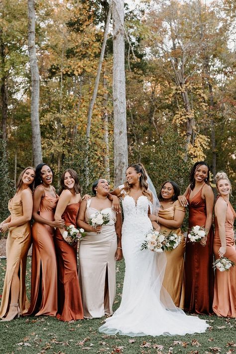 Bridesmaid Dresses Different Colors, Bridesmaid Dress Color Schemes, Copper Bridesmaid Dresses, Rustic Bridesmaid Dresses, Brown Bridesmaid Dresses, Rustic Bridesmaids, Fall Wedding Bridesmaids, Rust Bridesmaid Dress, Silk Bridesmaid Dresses