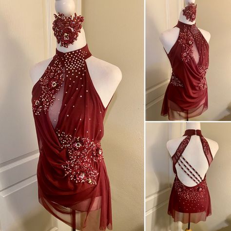 Please contact us for price quote and to place an order. SPECIAL ORDER ONLY Red Dance Costume Lyrical, Dark Red Dance Costume, Jazz Dance Costumes Sassy Red, Dark Dance Costumes, Sequin Outfit Ideas, Red Dance Costumes, Rhinestone Ideas, Red Dance, Solo Dance Costumes