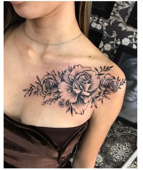 Rose Tattoo Collar Bone Shoulder, Big Collar Bone Tattoos For Women, Big Collar Bone Tattoo, Collarbone Cover Up Tattoo, Collar Bone Tattoo Cover Up, Rose Chest Tattoos Female, Collar Bone Cover Up Tattoo, Collarbone Flower Tattoo, Feminine Chest Tattoo