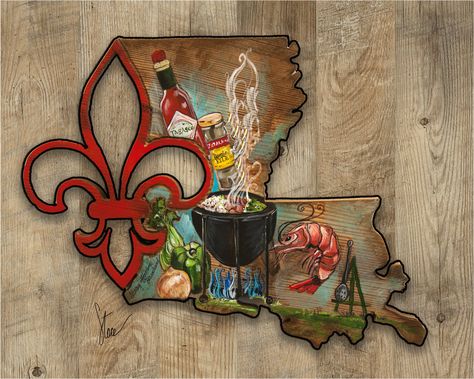 Louisiana Bayou Pride - by Stacey Casso This is a giclée paper print of the shape of Louisiana with a Fleur de Lis cutout outlined in black with a shrimp boil scene painted with a wooden background.   It is available in various sizes. This listing is of a paper print only.  *Please note that the size of the art prints may vary slightly. We strive to provide the most accurate information possible regarding the dimensions of our prints, but please allow for a small margin of error. We appreciate your understanding and assure you that any deviations in size are minimal and do not affect the overall quality or visual appeal of our products. Louisiana Christmas Art, Thistle Quilt Pattern, Louisiana Art Prints, Thistle Quilt, Louisiana Shrimp, Acadian Homes, Louisiana Decor, Louisiana Christmas, Louisiana Culture