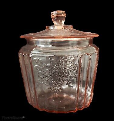 Mayfair Open Rose Pattern. The inner rim of the jar is rough from usage otherwise in very good condition. 8" H; 5 1/4" W at base; 6" W at top; lid 5 1/4" W. Antique Knowledge, Antiques Value, Vintage Glassware Antiques, Glass Cookie Jars, Pink Cookies, Glassware Design, Pink Glassware, Open Rose, Antique Dishes