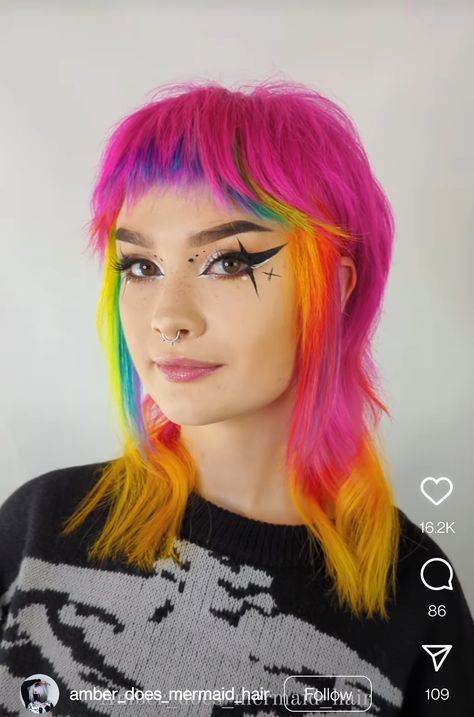 Vivid Hair Color Half And Half, Creative Color Placement Hair, Vivid Hair Inspiration, Rainbow Shag Hair, Lisa Frank Hair, Unusual Hair Colours, Bright Hair Colors Short, Rainbow Mullet, Rainbow Bangs