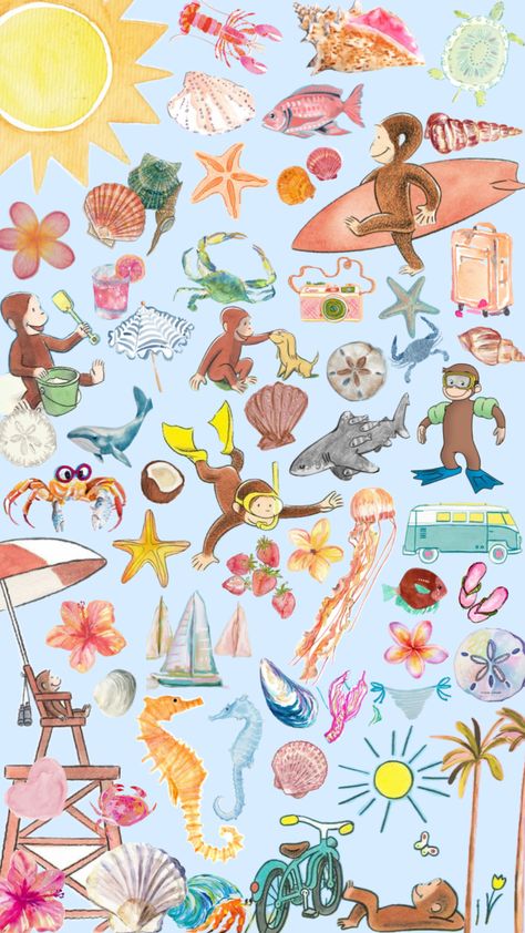 Surfing Wallpaper, Summer Prints Wallpaper, Cute Summer Wallpapers, Wallpaper Iphone Summer, Collage Wallpaper, Iphone Wallpaper Fall, Iphone Wallpaper Pattern, Cartoon Wallpaper Iphone, Curious George