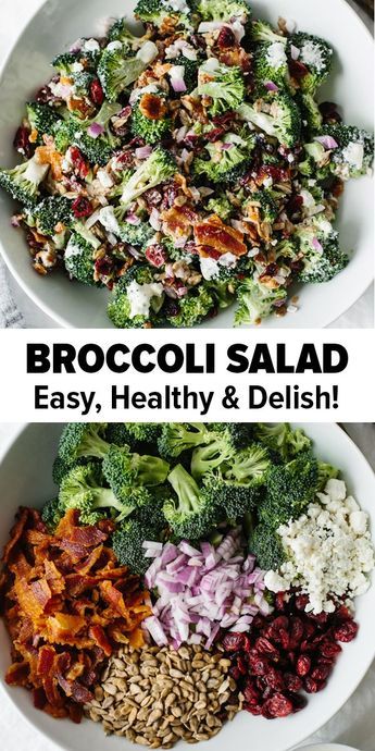 This delicious broccoli salad is a combination of broccoli, bacon, red onion, cranberries, sunflower seeds and goat cheese. It's an easy, low-carb, healthy broccoli salad recipe. #broccolisalad #broccolisaladrecipe Best Broccoli Salad Recipe, Broccoli Salad With Bacon, Healthy Broccoli Salad, Broccoli Bacon, Delicious Broccoli, Resep Salad, Broccoli Salad Recipe, Resep Diet, Idee Pasto