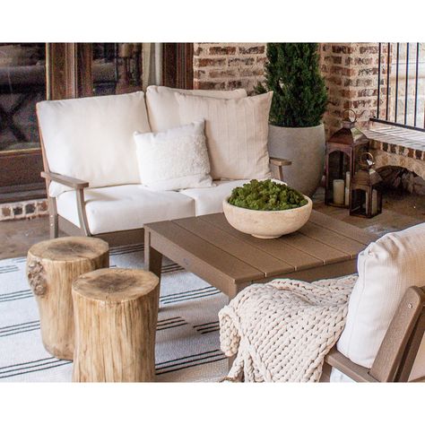 The Braxton Deep Seating Loveseat seats two and pairs comfort and style with soft pillow back cushions and a charming cross back design. Patio Seating Ideas, Seating Outdoor, Deep Seated Sofa, Seating Ideas, Wood Patio Furniture, Patio Loveseat, Patio Sofa Set, Bay House, Wood Patio