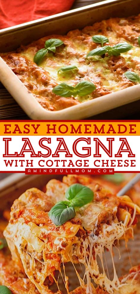 This recipe for Lasagna with Cottage Cheese is one of the easiest versions of homemade lasagna. It delivers the flavors of classic lasagna, complete with a hearty meat sauce, creamy filling, and tons of cheese. Yet with this easy lasagna recipe, you don't even have to parboil the noodles or use special no-boil noodles! No Boil Noodle Lasagna Recipe, Lasagna With No Bake Noodles, Easy Lazy Lasagna Recipe, Homemade Lasagna Recipe With Cottage Cheese, Easy One Pan Lasagna Recipe, Lasagna Cottage Cheese Recipe, Best Homemade Lasagna Recipe, Stouffers Lasagna Recipe, Ravioli Lasagna With Cottage Cheese