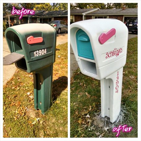 Mailbox Painting Ideas Simple, Spray Paint Mailbox Diy, Plastic Mailbox Makeover Ideas, Plastic Mailbox Makeover, Mailbox Update, Mailbox Upgrade, Mothers Day Projects, Garden Ornaments Diy, Home Yard Ideas