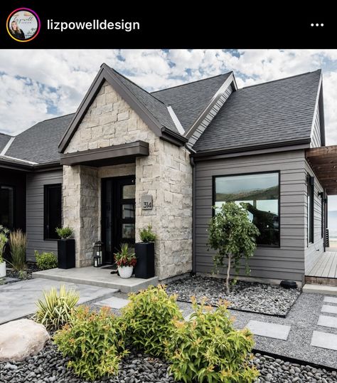 Limestone Exterior House, Farmhouse Exterior Stone, Dark Exterior House, Horizontal Siding, Gutter Colors, Exterior House Siding, Outdoor Renovation, Sand Stone, Island House