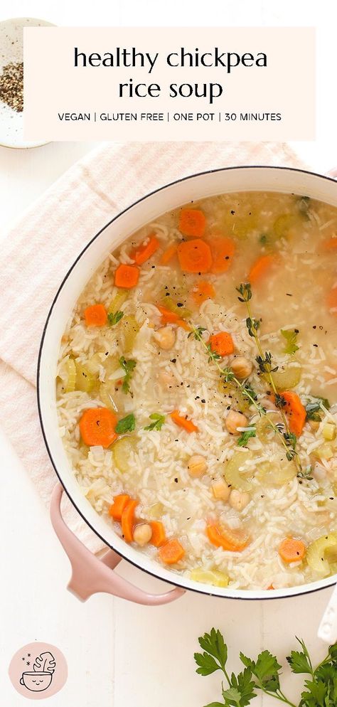 Vegan Chicken And Rice Soup, Vegan Meals When Sick, Chickpea And Rice Soup, Vegan Chicken Rice Soup, Vegetarian Rice Soup Recipes, Chickpea Rice Soup, Nutritious Vegan Meals, Vegan Rice Meals, Vegan Rice Soup