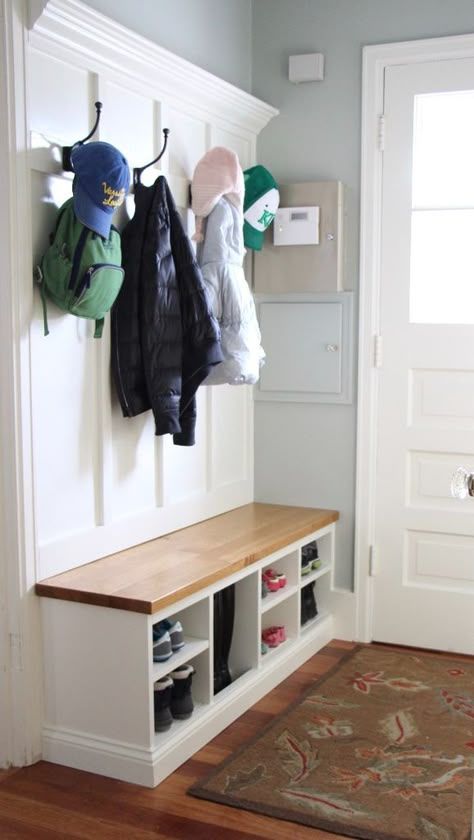 Like many people who live in an older home, my wife and I struggled to find an organized place to put our shoes and coats once we came in the door. We also wanted a place for our toddler to sit as we put on his shoes. As you can see from the first picture, I had an open space behind where my backdoor opens that became a shoe dumping area. We have a coat closet, but it is small and in an inconvenient area. So we attempted Living Without A Closet. Coat Rack And Bench, Toddler Closet Organization, Organization Shoes, Entrance Ideas Entryway, Entrance Bench, Toddler Closet, Coat Storage, Mudroom Entryway, Entrance Ideas