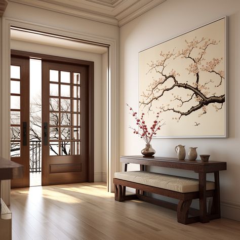 Step into a captivating world of Chinese-inspired wall art! This perfectly decorated room features a white door leading to a wooden entryway adorned with lively tableaus of cherry blossoms. The rich and tonal paintings create a photorealistic ambiance, adding an Asian-inspired touch to your space. Elevate your decor with this exquisite collection! #ChinesePainting #AsianInspired #WoodenEntryway #CherryBlossoms #Photorealistic #SPSE #Simplicity nan Asian Entryway Ideas, Asian Inspired Office Decor, Chinese Inspired Interior Design, Japanese Decor Ideas Living Room Designs, Modern Chinese Aesthetic, Asian Influence Interior Design, Asian Inspired Home Decor, Asian Inspired Dining Room, Asian Inspired Decor Living Room