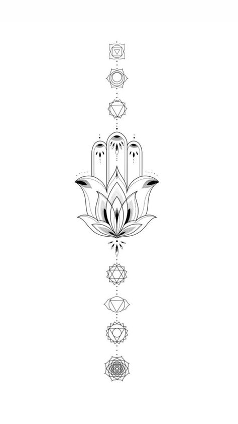 Lotus With Chakra Tattoo, Spiritual Line Art Tattoo, Hamsa Chakra Tattoo, Hamsa Spine Tattoo, Hamsa Chest Tattoo, Hamsa Hand Tattoo Design, Geometric Hamsa Tattoo, Hamsa Tattoo Design, Feminine Shoulder Tattoos