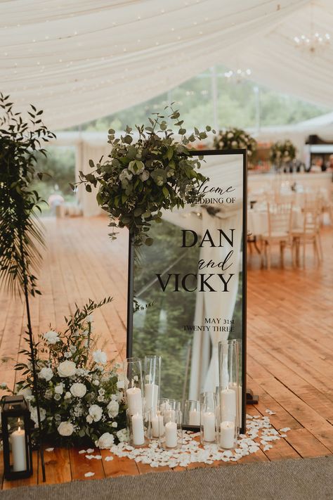 Vicky and Dan's mirrored wedding welcome sign at their black and white themed wedding. Wedding Decorations Welcome Sign, Black Wedding Mirror Sign, White And Black Wedding Decorations, Welcoming Mirror Wedding, White And Black Welcome Sign, Black White And Green Wedding Ceremony Decor, Welcome To Out Wedding Sign, Black Mirror Welcome Sign Wedding, Black Mirror Wedding Sign