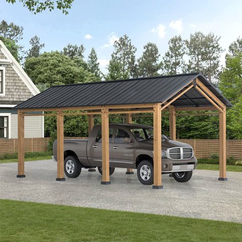 AutoCove 11x20 Black Gable Roof Wood Carport/Gazebo with 2 Ceiling Hooks – SunjoyGroup Wood Carport, Metal Carport Kits, Car Porch Design, Wooden Carports, Portable Carport, Garage Extension, Carport Kits, Carport Sheds, Car Shelter