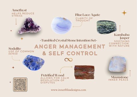 Anger Management & Self Control | Tumbled Crystal Stone Intention Set | Stones Specially Crafted For Impulsive Behaviour | Think Positively This product listing is for one "Anger Management" Tumbled Stone Crystal intention set. Set includes one stone each of Amethyst, Blue Lace Agate, Kambaba Jasper, Moonstone, Petrified Wood, Sodalite Amethyst * Helps Reduce Stress * Blue Lace Agate * Clarity of Thought * Kambaba Jasper * Soothing Connection with Nature * Moonstone * Inner Peace * Petrified Woo Impulsive Behavior, Witch Spirituality, Sigil Magic, Intention Setting, Natural Diy, Stone Collection, Anger Management, Gem Stones, Petrified Wood