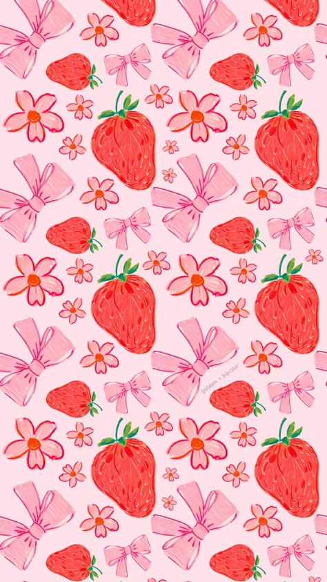 Aesthetic Strawberry Pictures Wallpaper, Spring Girly Wallpaper, Kawaii Food Background, Iphone Bow Wallpaper, Cool Pink Backgrounds, Strawberry And Bows Wallpaper, Ipad Wallpaper Aesthetic Valentines Day, Fruity Wallpapers Aesthetic, Cute Valentines Wallpaper Backgrounds