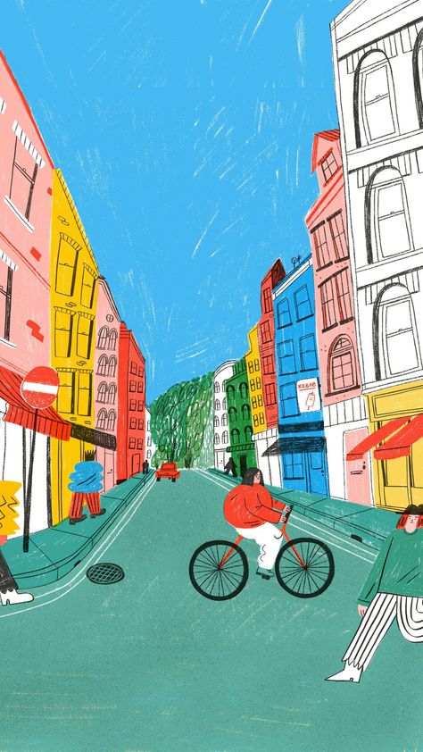 Urbanisation Illustration, London Street Illustration, Neighbourhood Illustration, Childlike Illustration, Neighborhood Illustration, City Street Illustration, Strawberry House, Street Drawing, Urban Illustration