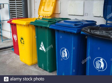 Garbage Trash Bins for collecting a recycle materials. Garbage trash bins for waste segregation. Separate waste collection food waste, plastic, paper Stock Photo Waste Recycling, Waste Collection, Trash Bins, Food Waste, Paper Stock, Recycled Materials, Trash Can, Teak, Recycling