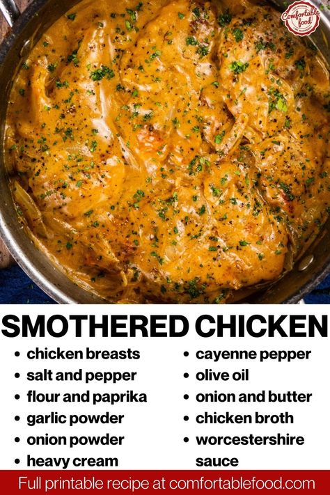 This smothered chicken recipe is absolutely delicious and takes less than 1 hour to make! It's classic comfort food at its finest that's made with a savory creamy sauce and tender chicken breasts. Smothered Chicken In Oven, Comfort Chicken Recipes, Smother Chicken, Smothered Chicken Thighs, Southern Dinner Recipes, Smothered Chicken Recipe, Smothered Chicken Recipes, Southern Foods, 2023 Recipes