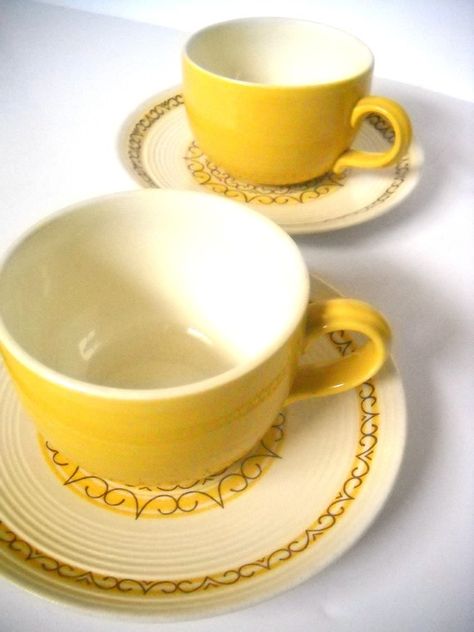 . Yellow Tea Cups, Picture Cups, Teacups And Saucers, Yellow Cups, Yellow Tea, Tea For Two, Pinterest Home, Brown Pattern, Google Plus