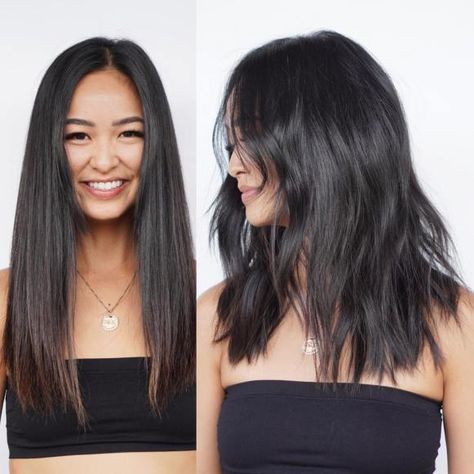 Sliced Midi Cut for Thick Hair Before and After Midi Haircut, Mid Length Straight Hair, Best Medium Length Haircuts, Midi Hair, Long Length Haircuts, Dense Hair, Layered Haircuts Shoulder Length, Haircut With Layers, Medium Length Haircuts