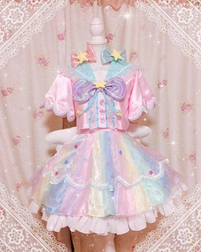 ʚ Lil lychee girl ɞ Scenecore Transparent, Magical Girl Aesthetic Outfit, Kawaii Dress Pastel, Fairy Kei Art, Fairy Kei Outfit, Decora Fashion Outfits, Pastel Rainbow Dress, Yumekawaii Fashion, Fairy Kei Aesthetic