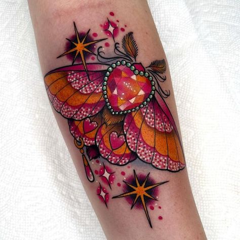 Jeweled Moth Tattoo, Rosy Maple Moth Tattoo Design, Moth Tattoo Eyes, Rosey Maple Moth Tattoos, Pink Moth Tattoo, Neotrad Moth, Neotraditional Moth Tattoo, Pink Traditional Tattoo, Cute Moth Tattoo