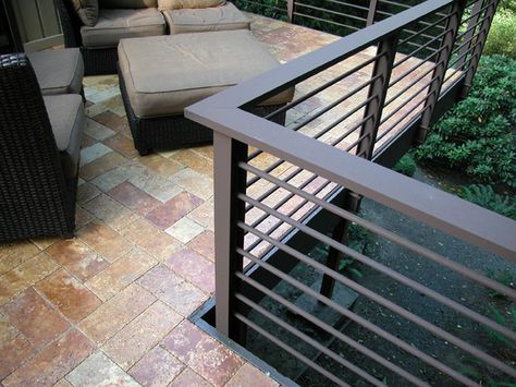 Polymeric Sand and Arnie - John's Blog Ballastrades Outdoor, Metal Railings Outdoor, Outdoor Railing, Elevated Deck, Metal Deck Railing, Polymeric Sand, Stone Deck, Modern Railing, Patio Railing