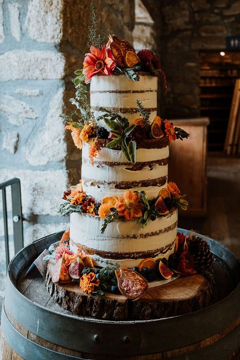 Rustic 3-tier wedding cake complete with naked icing and Autumnal floral decor | Alexa Poppe Wedding Photography Fall Themed Wedding Cakes, Fall Cake Toppers, Barn Wedding Cakes, Autumn Wedding Cakes, Orange Wedding Cake, Boho Wedding Cake, 3 Tier Wedding Cakes, Dream Wedding Cake, Wedding Cake Flavors