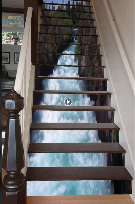 Might take a few video panels to achieve but would certainly be a feature. Glass Stairs Design, Stairway Art, Staircase Art, Stair Paneling, Stair Art, Stair Decals, Painted Staircases, White Stairs, Stair Riser Decals