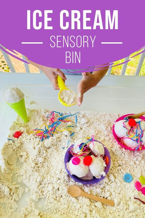 summer sensory bin - ice cream sensory play Ice Cream Sensory Bin For Toddlers, Edible Beach Sensory Bin, I’ve Cream Sensory Bin, June Sensory Bin Ideas, Building Sensory Bin, Summer Sensory Bins For Preschool, Summer Themed Sensory Bin, Ice Cream Sensory Play, Summer Sensory Bin Preschool