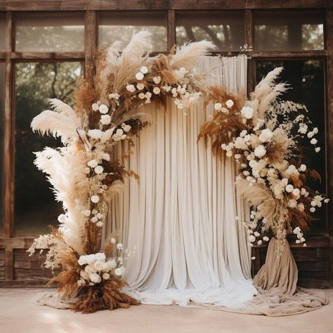 #backdrop #wedding #white #brown #light #slight #drip #cloth #new #wave #flow #fashion #madness #tryambakam #events #tryambakamevents #morning #sunrise #post #pampas #grass #flowers #nico #clean #expensive #decor #friday #vibes #bohemian #tribe Boho Wedding Design, Boho Photo Backdrops, Country Chic Wedding Decor, 5 Bridesmaids, 8 Bridesmaids, Table Floral Decorations, Boho Wedding Backdrop, Boho Backdrop, Wedding Flower Packages