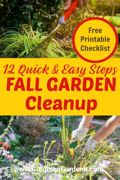 Stop by Gingham Gardens for some practical and easy tips to get your flower gardens and vegetable gardens all cleaned up for winter. Answers the questions, should I clean up my gardens in the Fall, or wait until Spring; why clean up gardens in the Fall; should I cut down my perennials in the fall, etc. Includes a free, handy, printable Fall Garden Clean Up Checklist to keep you organized and on track. Clean Up Checklist, Garden Checklist, Fall Backyard, Garden Prepping, Garden Flowers Perennials, Fall Clean Up, Fall Gardening, Vegetable Garden Tips, Perennial Flower