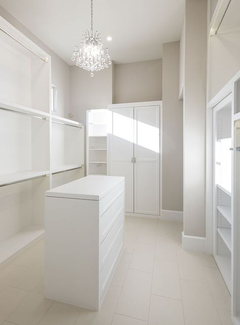 Walk In Closet Lighting Chandeliers, Narrow Closet Island, Small Island In Closet, Small Walk In Closet With Island, Small Closet Island Ideas, Small Closet Island, Walk In Closet Chandelier, Closet Chandelier Walk In, Owners Closet