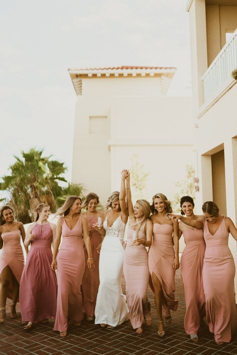 Chiffon And Satin Bridesmaid Dress, Wedding Beach Bridesmaids, Beach Wedding Pink Color Schemes, Elegant Bridesmaid Dresses Pink, Tropical Beach Wedding Bridesmaid Dresses, Beach Wedding Bridesmaid Dresses Pink, Different Shades Of Bridesmaid Dresses, Different Pink Bridesmaid Dresses, Beach Wedding Colours